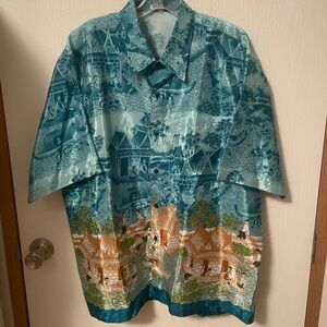 Vintage Thai Silk Mens Button-Up Shirt SZ 2XL Asian Village Scene